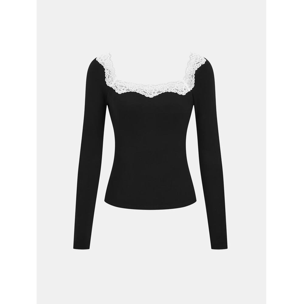 NWT Women's Commense Black Lace Square Neck Ribbed Long-Sleeve Top Sz L